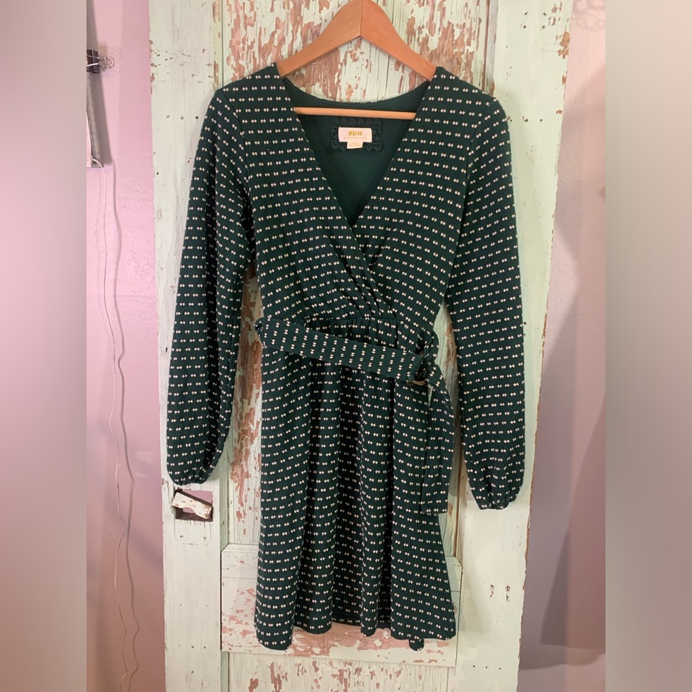 Women’s Anthropologie Maeve Malta Belted Dress Womens Size XS Green w White Dots
